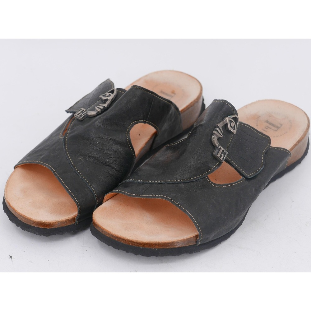 Think! 88351 Sandals Black Leather Slide Comfort Wedge Heart Women's Size 42 11